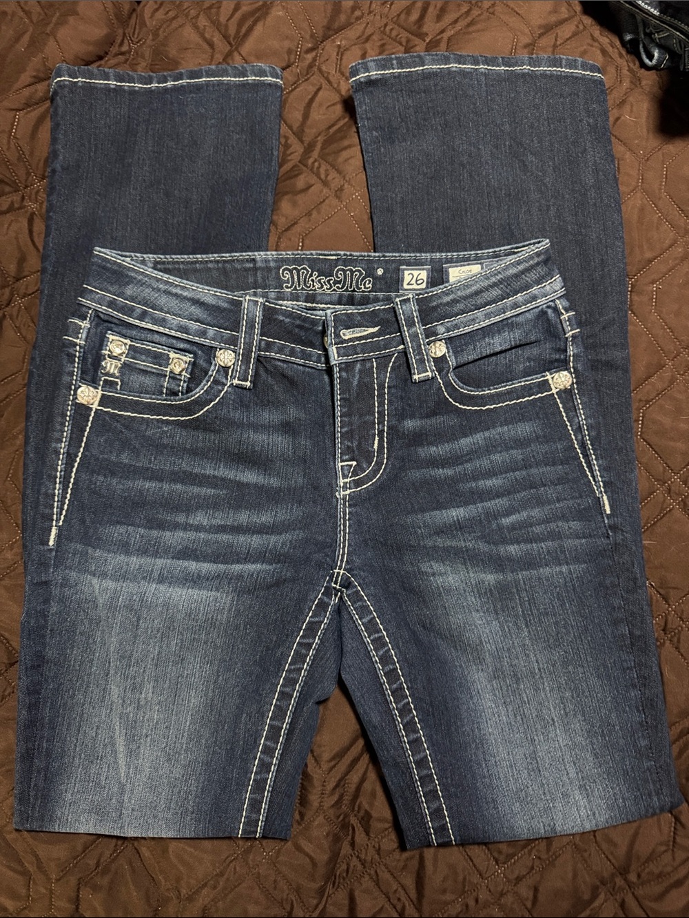 Miss Me Dark Blue Boot Cut Jeans with Contrast Stitching